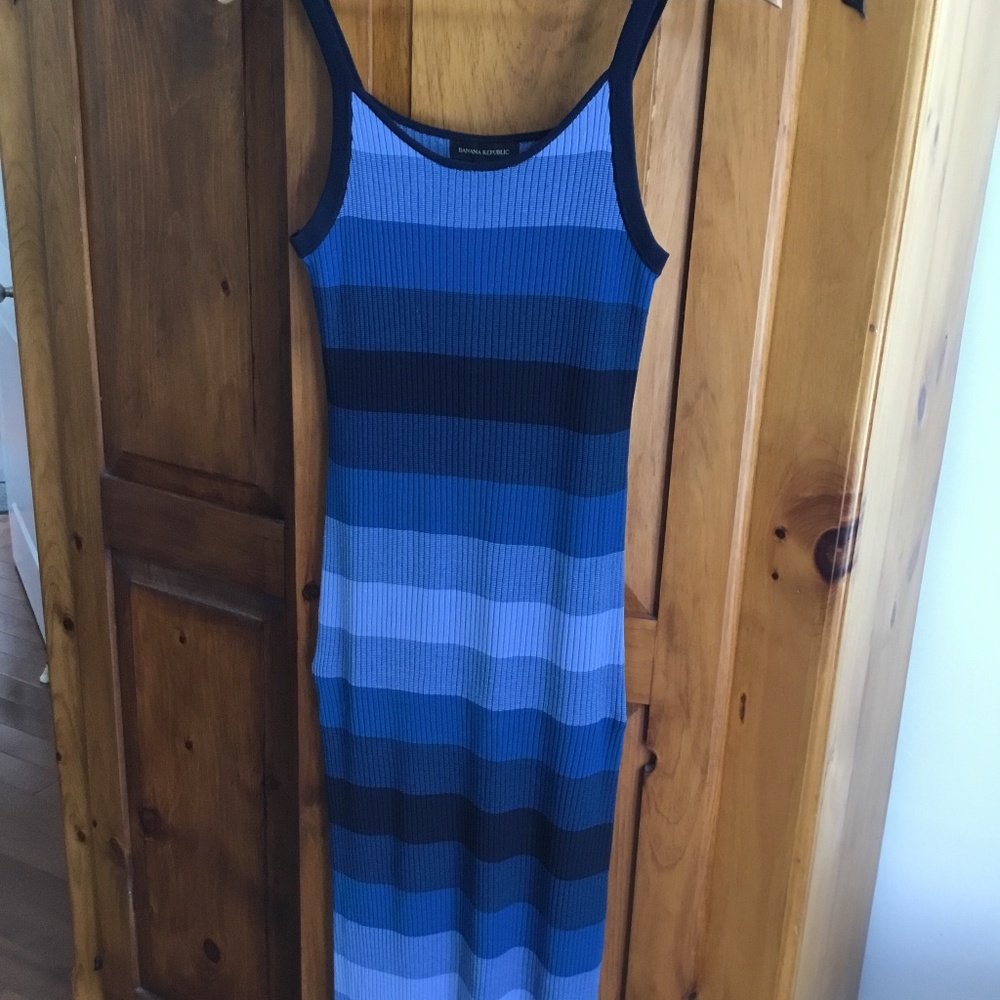 Banana Repiblic blue striped stretch rib knit midi dress size M New without tags